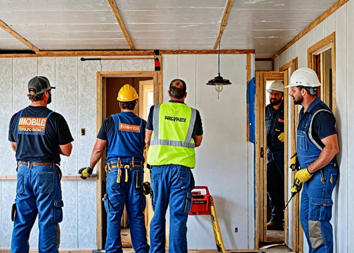 Mobile home repair team at work site