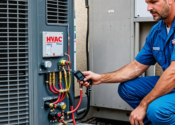HVAC technician servicing mobile home heating and cooling system