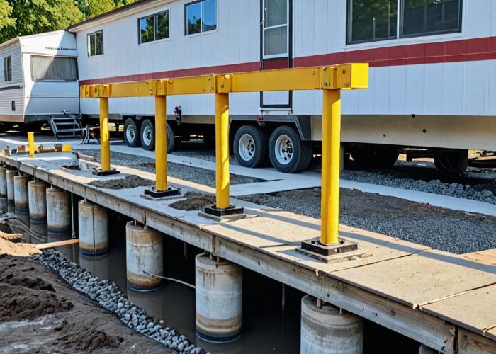 Professional foundation leveling work under mobile home with new piers