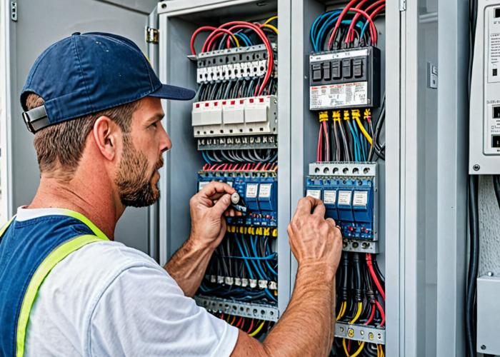 Licensed electrician working on mobile home electrical panel upgrade