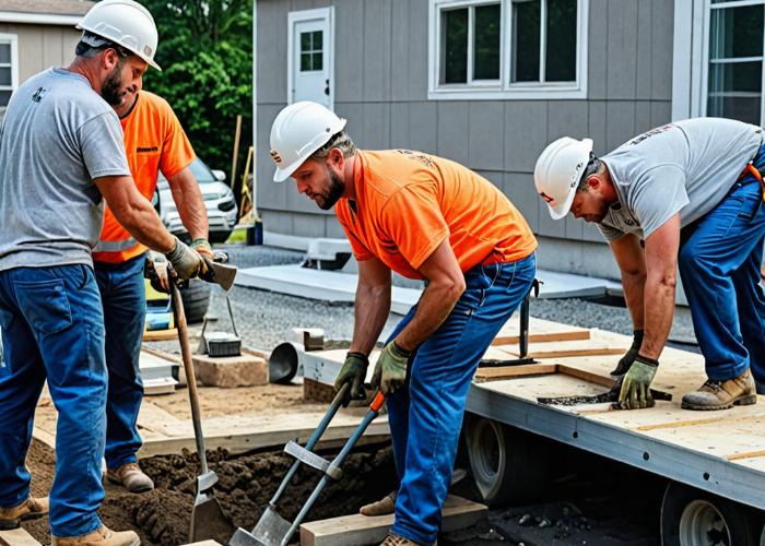 Professional mobile home repair team working on foundation project